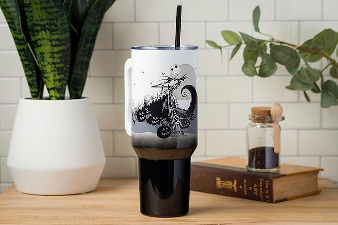Silver Buffalo Disney Nightmare Before Christmas by Tim Burton Jack Skellington Hill and Moon Stainless Steel Tumbler with Handle and Straw, Fits in Standard Cup Holder, 40 Ounces (Pack of 12)