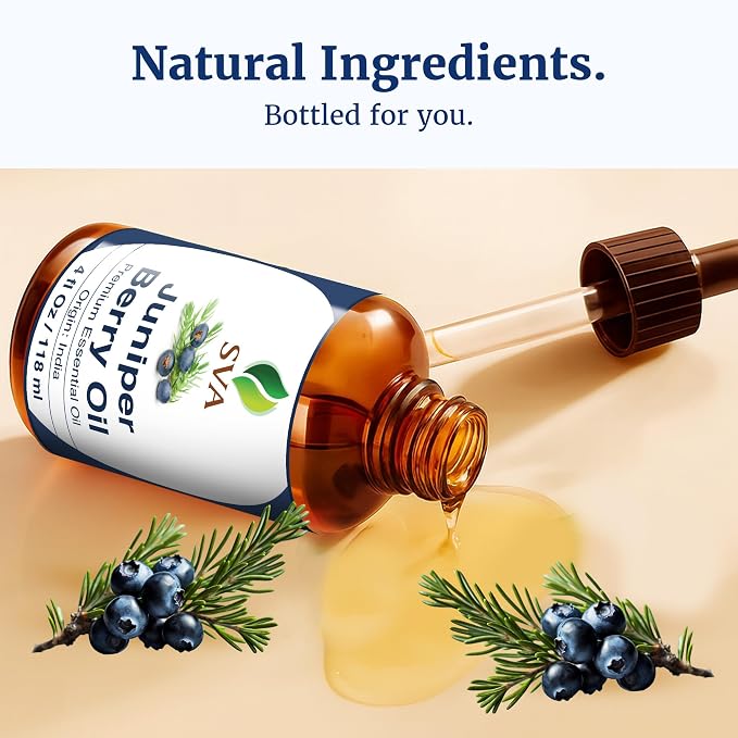 SVA Juniper Berry Essential Oil 4 Fl Oz – for Diffuser, Skin & Hair Care – Ideal for Massage & DIY Blends - with Dropper
