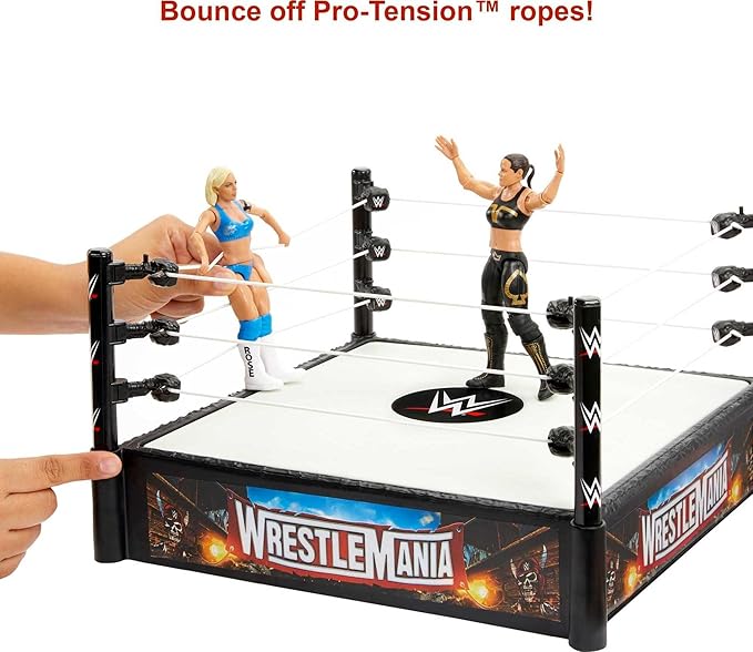 Mattel WWE Superstar Ring, 14 inches with Spring-Loaded Mat, 4 Event Apron Stickers & Pro-Tension Ropes for WWE 6-inch Action Figures