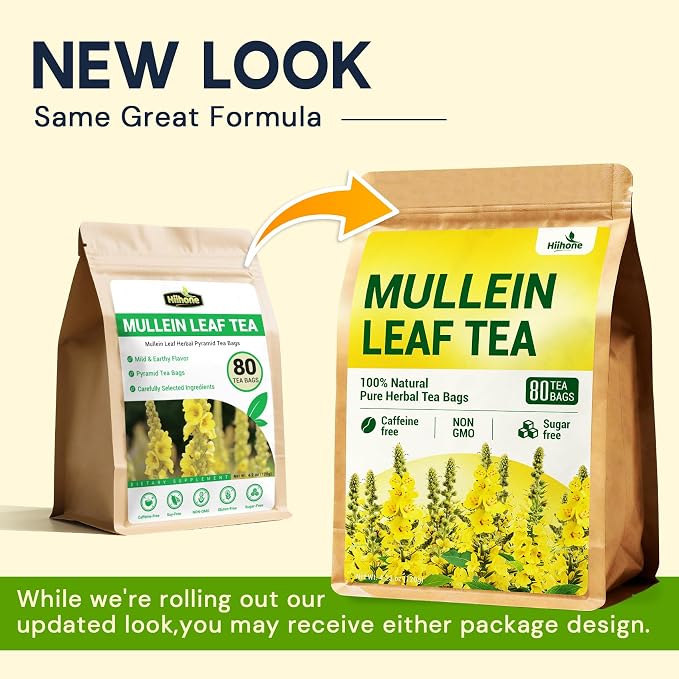 Mullein Leaf Tea Bags for Lung Support, 80 Tea Bags, Herbal Tea from Mullein Leaves, Caffeine Free, No Sugar