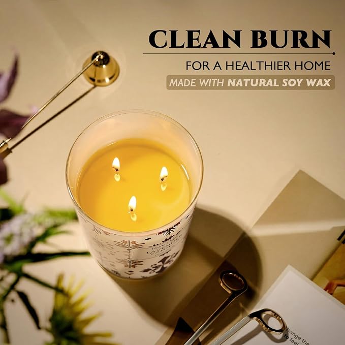 HomeLights Large jar Candle | 3-Wick Long-Lasting Scented Candles, 34oz Natural Soy Wax Candle for Home Scented, Bohemian Natural Textures Gifts for Women & Men, Lavender Vanilla