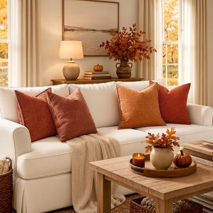 MIULEE Fall Decorative Couch Throw Pillow Covers 18x18 Inch Rust 2 Pack | Terracotta Farmhouse Pillow Covers with Stitched Edge, Soft Chenille Cushion Cases, Sofa Bed Living Room Home Decor