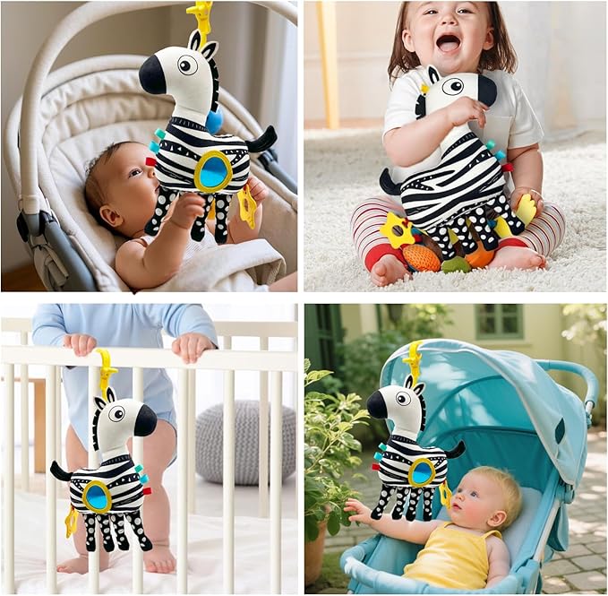Baby Hanging Toys, Plush Animal Stuffed Sensory Toys for Carseat Stroller Car Seat Crib Play Gym, Baby Toys for 0 3 6 9 12 Months, Baby Boys and Girls Gift (Zebra)