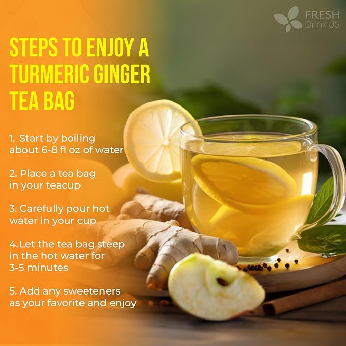 FreshDrinkUS, Premium 210 Ginger Turmeric Tea Bags, 100% Natural Ingredients, Hand-made Blend of Ginger and Turmeric Herbal Tea, Eco-conscious Tea Bags. No Sugar, No Caffeine, No Gluten, Vegan.