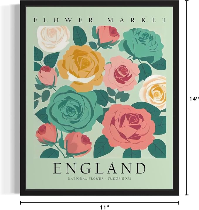 England, Tudor Rose Art Print Poster, Flower Market Wall Art, Floral Artwork Decor for Bedroom, Kitchen, Bathroom, Livingroom Decoration 52 (England, Tudor Rose, 14"L x 11"W, Black Frame)