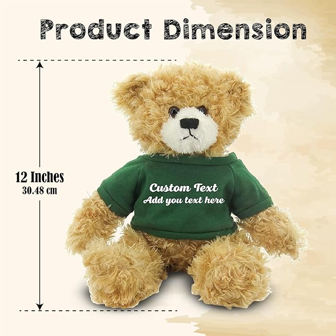 Customized Beige Brandon Bear - 12 inch Personalized Stuffed Bear Plush Toy - Perfect Custom Shirt Bear Gift for Graduation Valentines Graduation Easter Holidays (Green Shirt)