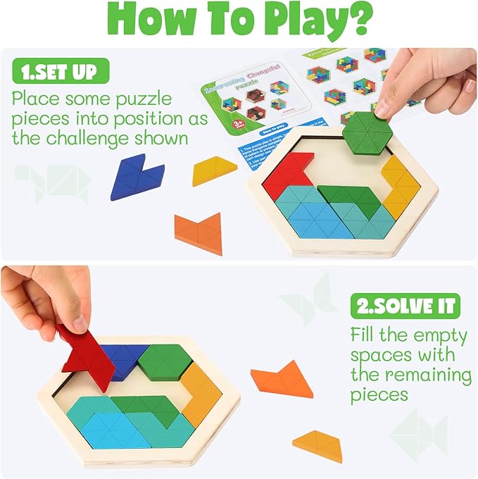 Yunsailing 3 Pack Hexagon Tangram Puzzle Wooden Brain Puzzles with Storage Bag Challenge Wood Russian Blocks Brain Teasers Geometric Jigsaw Block Logic Iq Stem for Family Party Gift