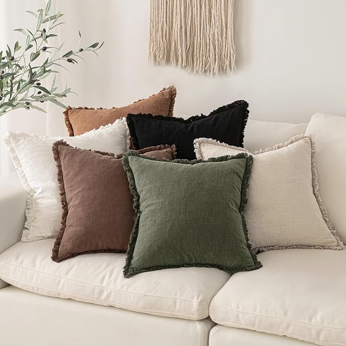 MIULEE Boho Linen Fringe Decorative Throw Pillow Covers Rifle Green 18x18 | Set of 2, Cottagecore Decor, Boho Farmhouse Neutral Pillow Covers, Rustic Couch Cushion Cases for Sofa Bed Living Room