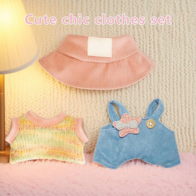 17cm Doll Clothes Outfits - Cozy Knit Top & Beanie Hat for Plush/Blind Box Collectibles (Blue Overalls)