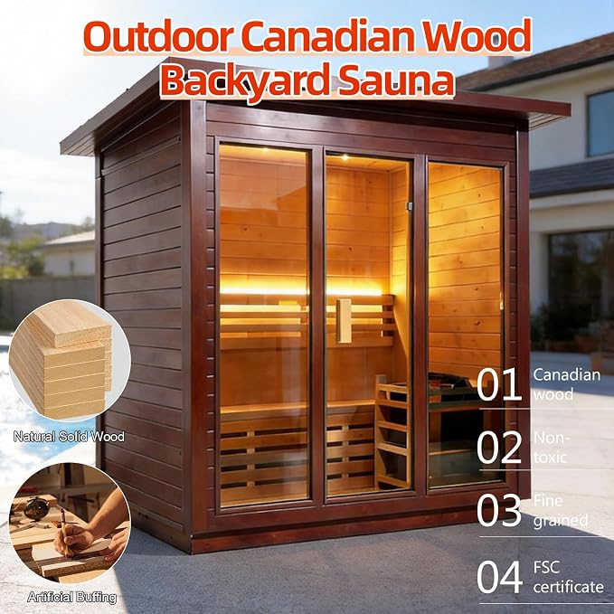 Outdoor Sauna 3 Person, Luxurious Steam Canadian Red Cedar Sauna Room with 6KW ETL Toule Heater, Traditional Backyard Sauna Spa with Asphalt Shingles, Sauna Accessories for Home & Garden