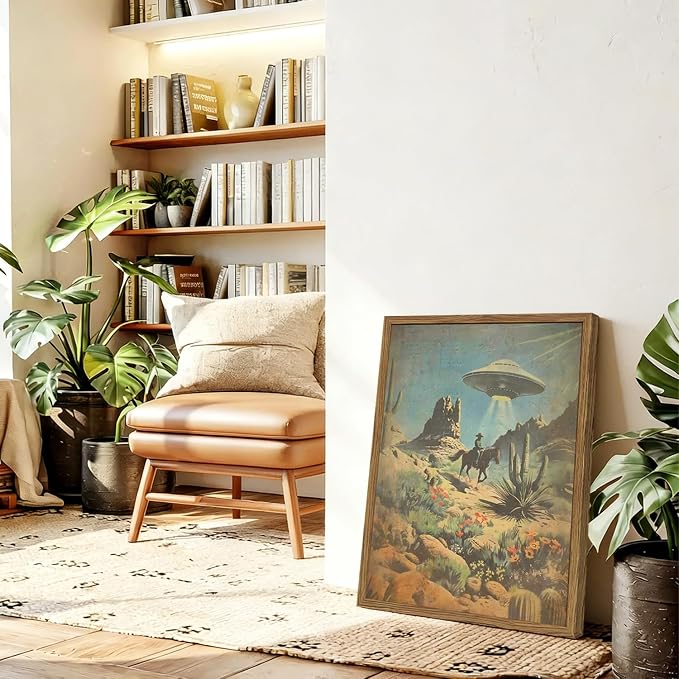 Vintage Intergalactic Western Wall Art Scifi Alien UFO Cowboy Rider Wall Decor Painting Funny Southwest Flying Saucer Poster Canvas Print Picture for Living Room Bedroom 16x24 inch Wood Framed