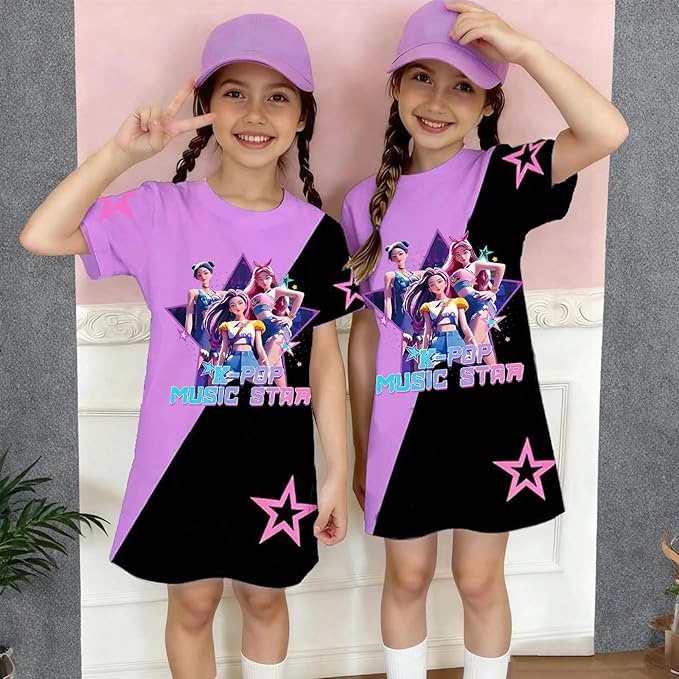 Girl's Anime K-POP Graphic Long Dress T-Shirt - Casual Loose Fit Short Sleeve Top