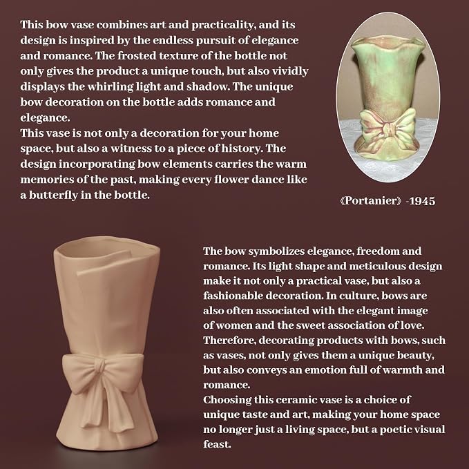 Relexome Beige Ceramic Bow Vase 9.64 in Unique Cute Modern Decorative Bouquet Flower Vases for Home Living Room Table Decor Women Girl Gifts