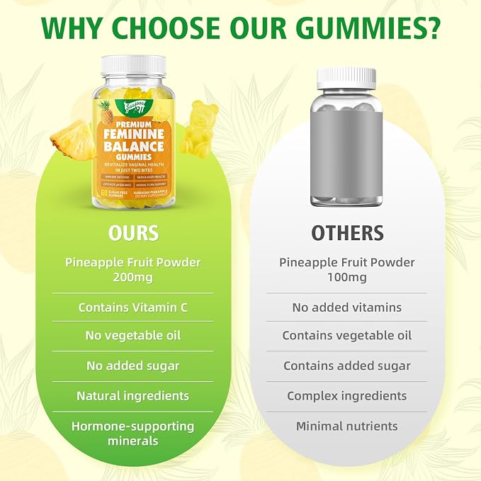 Premium Feminine Balance Gummies for Women's Immune Health, Hawaiian Pineapple Gummies Support pH Balance & Immune Support, Vegan, Gluten-Free, 120 Count 