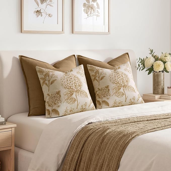 Set of 2 Decorative Floral Pillow Covers 18x18 Inch Light Yellow | Neutral Hydrangea Print, Boho Vintage Throw Cushion Covers, Cottagecore Home Decor, for Sofa Couch Porch Bedroom Living Room