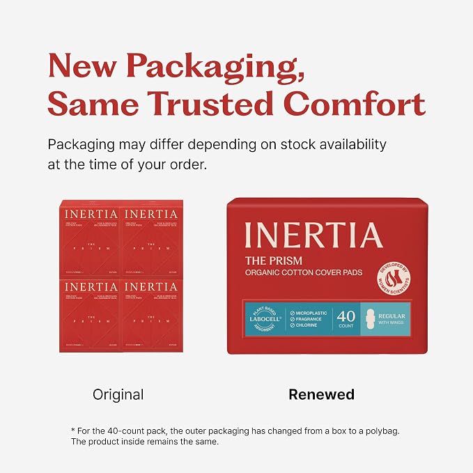 INERTIA The Prism Red – Truly Organic, Ultra Thin & Leak-Proof Korean Cotton Pads with Wings | Regular Absorbency | Hypoallergenic, Super Absorbent, Chlorine-Free & Fragrance-Free (40 Count)