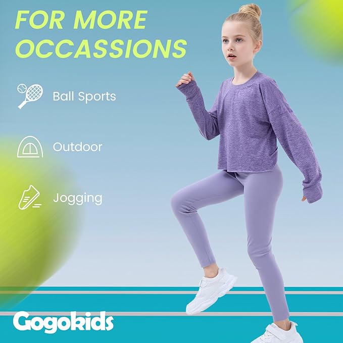 Gogokids Girls Shirts Long Sleeve Athletic Shirts Open Back Tops Active Sports Tshirts Yoga Workout Crop Tees 5-14 Years