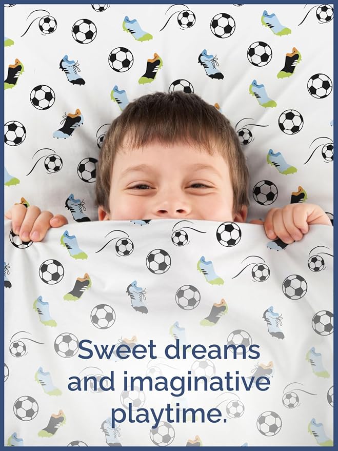 Kids Full Size Bed Sheet Set - 4 Piece Kids Loft Bed Sheets - Soccer Sport Theme bedding - Soft, Cute and Cozy - Breathable and Machine Washable - Football Bed Set for Boys, Girls, Teens & Toddlers