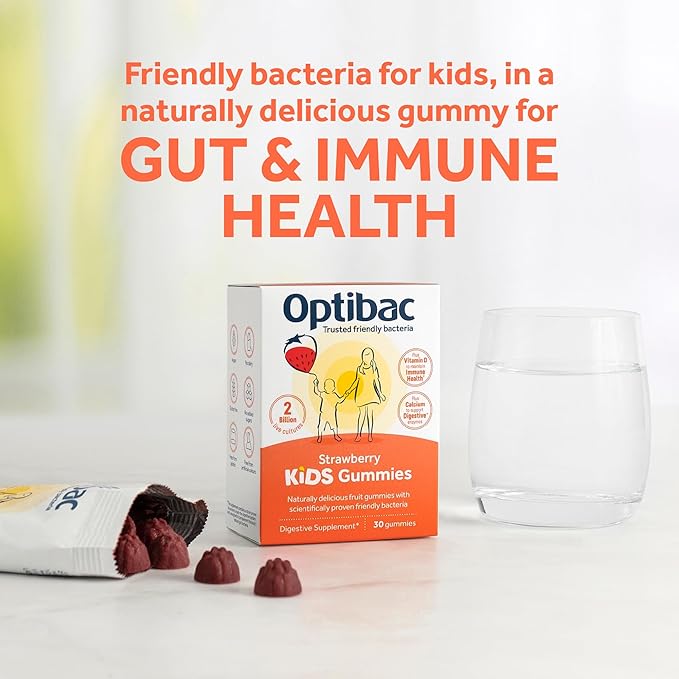 Optibac Kids Probiotics Gummies | 30 Strawberry-Flavored Probiotic Gummies for Kids with Vitamin D & Calcium | 2 Billion Live Cultures | Vegan Children’s Supplement for Digestive & Immune Health
