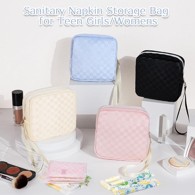 Likesing Tampon Holder for Purse, Upgraded 5.3" Checkered Period Bag, Sanitary Napkin Storage Bag with Wrist Strap for Girls Women, Thickened Portable Period Pad Pouch(Beige)