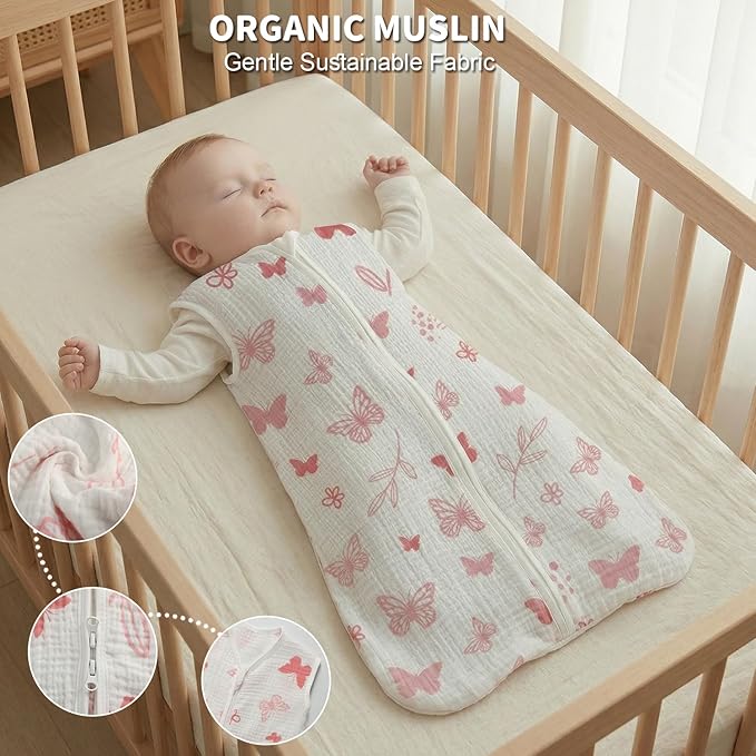 BSTOPPT 2 Pack Baby Sleep Sack 12-18 Months 100% Organic Cotton Muslin Baby Sleeping Bag 2-Way Zipper Wearable Blankets TOG 0.3 (Gray & Pink Butterfly, Large)