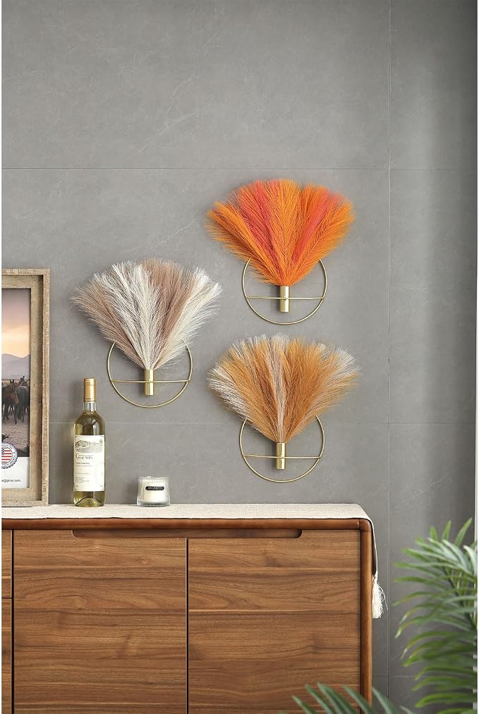 Pretty Jolly Boho Pampas Wall Decor Black Metal Wall-Mounted Art | Morden Artificial Greenery Display,2 Pack Hanging Planter For Living Room, Bedroom, Bathroom, Dining room