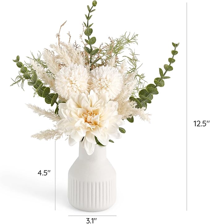 Mkono Fake Flowers in Ceramic Vase, 12.5" Coffee Table Centerpieces, White | Table Decor with vase, Small Silk Faux Artificial Flower Arrangements, Fits Bathroom Dining Room Kitchen Home Indoor Decor