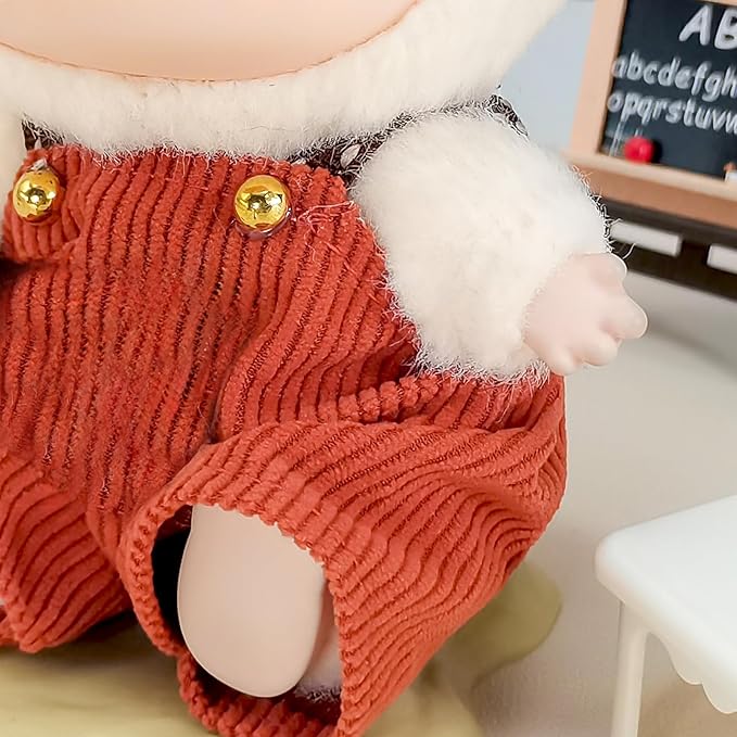 Doll Clothes for 17cm Dolls, Cute Outfit Set with Accessories, Bucket Hat and Overalls (No Doll) (Rust Overalls Set)