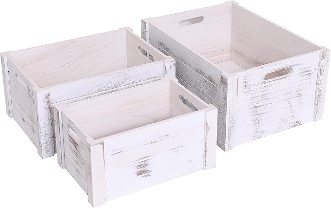 Farmhouse Antique White Wooden Crate For Storage,Rustic Decorative Boxes,Set Of 3 Extra Large Nesting Wooden Storage Crates For Home Decor,Handmade Natural Solid Wood Box (Rustic White)