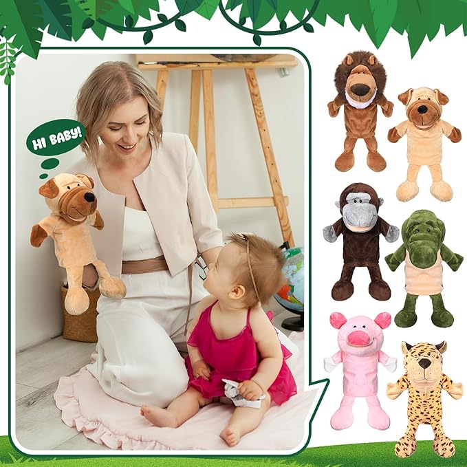 Wettarn 10 Pcs Animal Hand Puppets 12 Inch Soft Plush Plush Puppets Lion Orangutan Giraffe Tiger Pig Elephant Hand Puppets for Boys and Girls Storytelling, Teaching, Role Playing(Fresh Style)