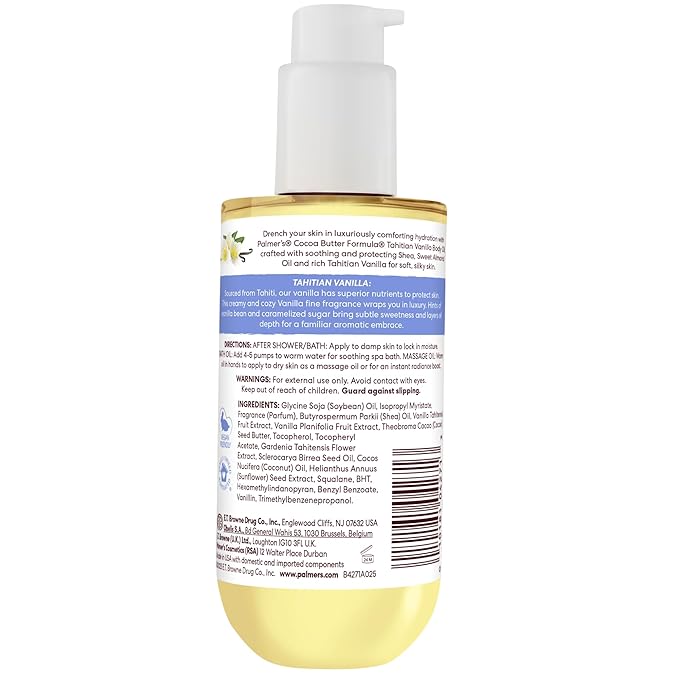 Palmer's Cocoa Butter Formula Body Oil, Moisture Drenching Tahitian Vanilla, 6.5 Oz, 72Hr Hydration with Shea Butter & Vitamin E for Softer Skin, Protects & Soothes Dryness, Dermatologist Approved
