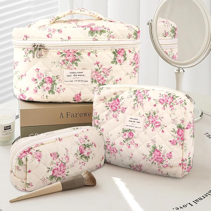GISMTR 3Pcs Cotton Quilted Makeup Bag Large Travel Cosmetic Bag Coquette Makeup Pouch Cute Aesthetic Floral Toiletry Bag for Women Girls (flower-M)