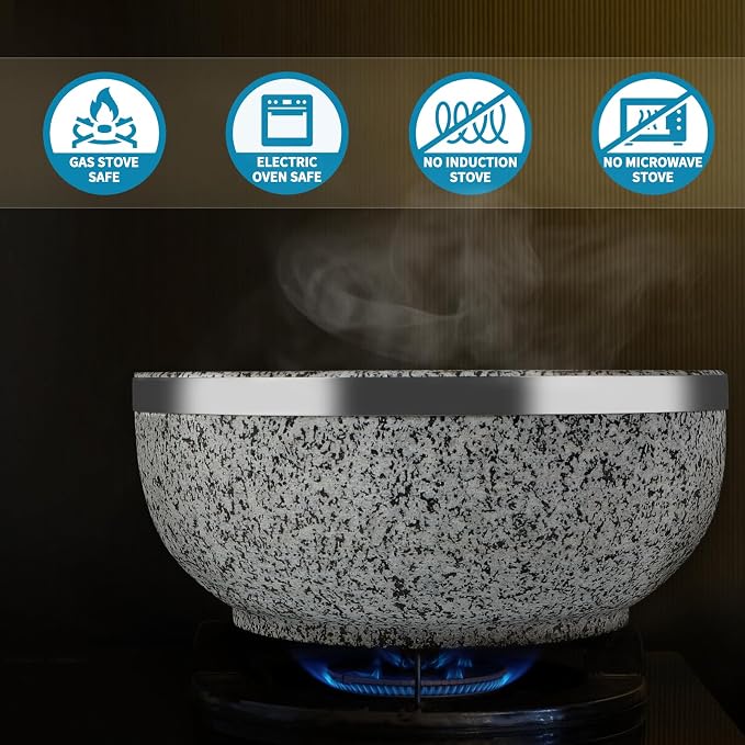 2 Pack Granite Stone Bowl 32 oz, Dolsot Pot with Wood Base for Cooking and Serving Korean Bibimbap, Soup, Rice, Ramen, Stew