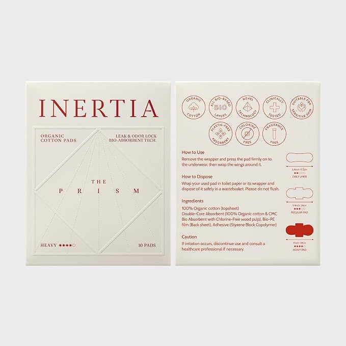 INERTIA The Prism Super – Truly Organic Ultra Thin & Leak-Proof Organic Cotton Korean Pads with Wings | Heavy Absorbency | Hypoallergenic, Super Absorbent, Chlorine-Free & Fragrance-Free (10 Count)