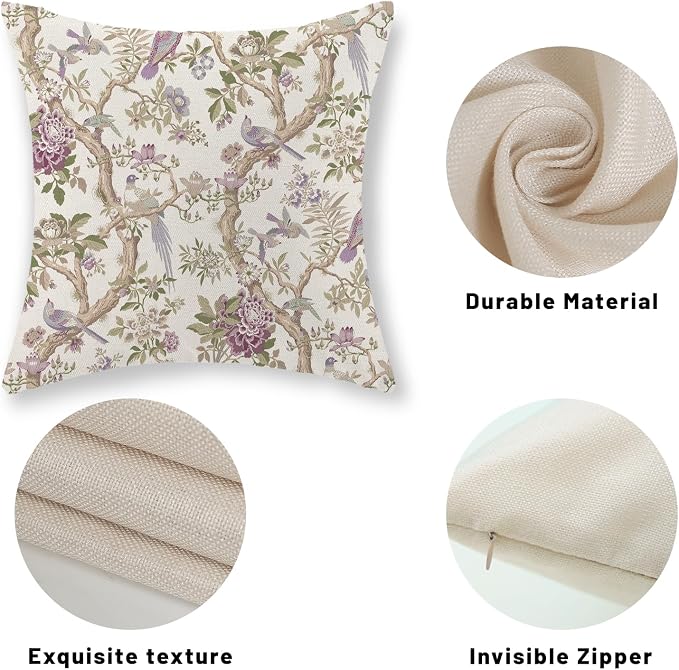 GOLIANDA Chinoiserie Pillow Covers 20x20 Set of 2 Purple Green Floral Bird Throw Pillows Vintage Flowers Bird Decorative Pillow Cases Outdoor Chinoiserie Decor Farmhouse Cushion Case for Couch Sofa