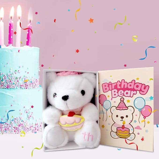 Happy Birthday Teddy Bear, Happy Birthday Stuffed Animal with Box, Adorable Bear with Cake Plush Gifts for Boys and Girls, Party Decorations Gift for 4-9 Years Kids(Pink)