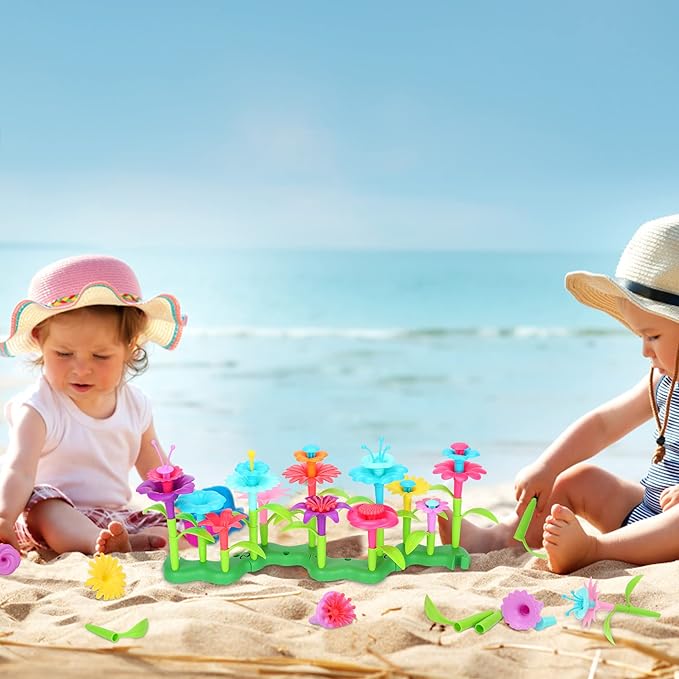 FLYINGSEEDS 46 PCS Flower Garden Building Toys for Girls, STEM Toy Gardening Pretend Play Set for Kids, Girls Favor Stacking Game for Toddlers, Preschooler Age 3 4 5 6 7 8 Year Old