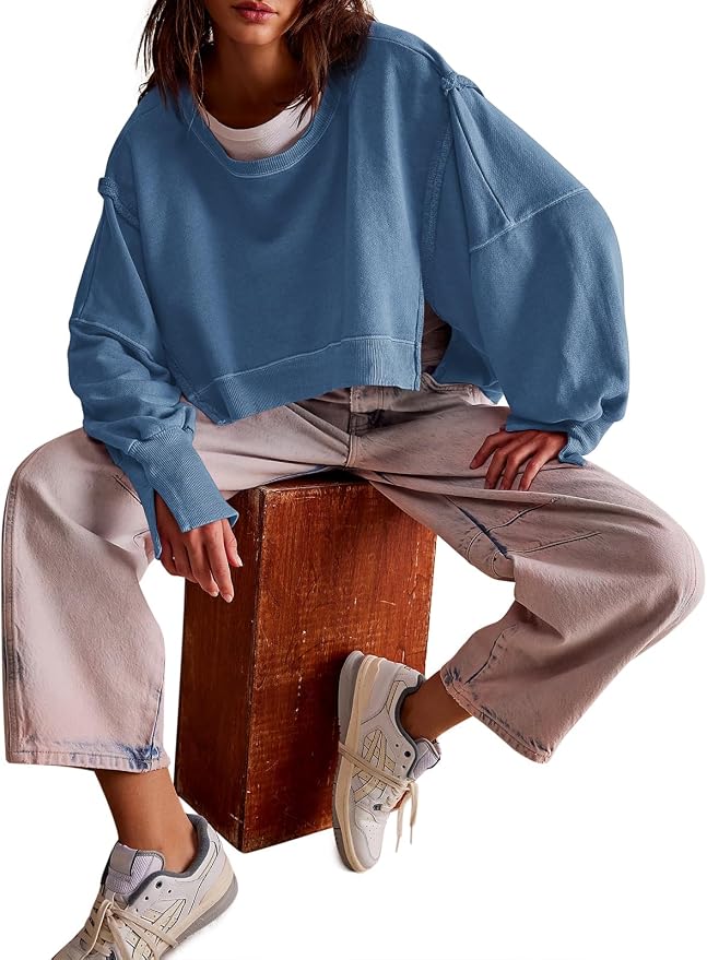 Zwurew Womens Casual Sweatshirt Cropped Shirts | Loose Fit, Tee Top, Pullover, Crop Hem, Design Trim, Daily Tops