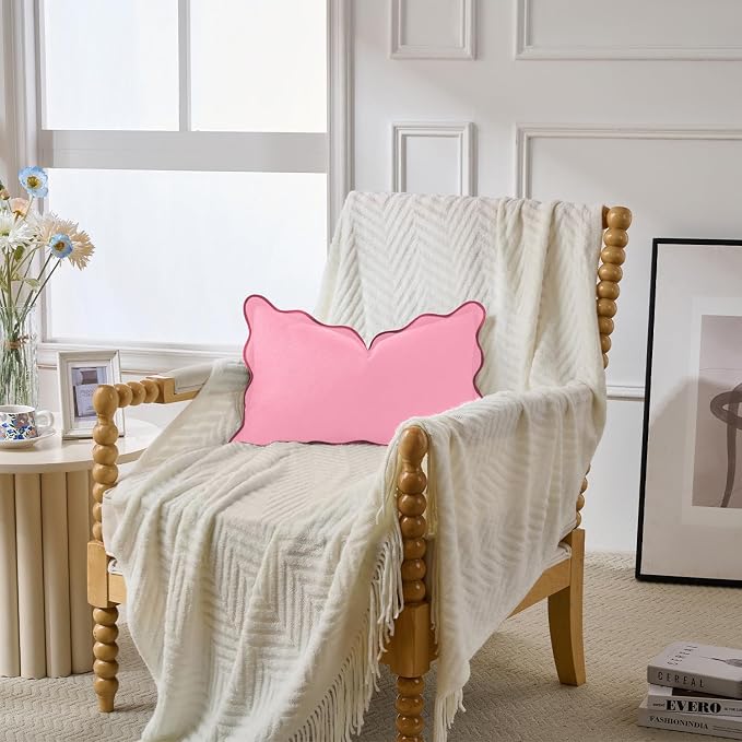 Scalloped Throw Pillow Covers | Decorative Couch Pillows | Boho Sytle for Living Room | for Valentines Day (Pink, 12x20 Inch)