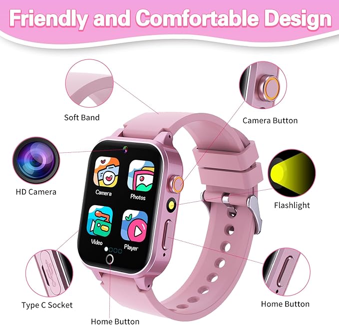 Kids Smart Watch Girls Gift for Girl Aged 6-12, HD TouchScreen Kids Watch with 39 Games Video Camera Music Pedometer Audiostory Learn Card Educational Toys Birthday Gifts for Girls Ages 5 6 7 8 9