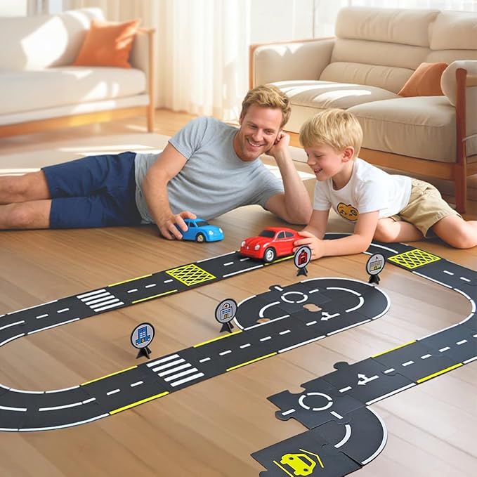 Jovi-mindly &Notchies 39 Pieces Cardboard Road Puzzle Car Track Flexible Race Track for Kids Car Truck/Kids Travel Toys/Stem Toys Activities for Ages 3+ Boy and Girl