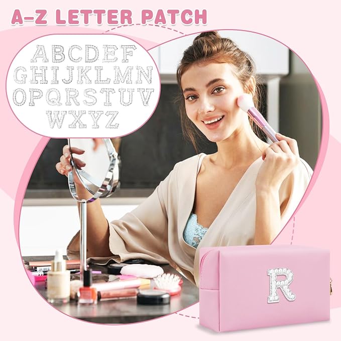 ChaoGreat Bride Gifts – Personalized Initial Makeup Bag with Pearl Rhinestone Patch, Preppy Pink Monogram Cosmetic/Toiletry Pouch, bridesmaid Gifts, Bridal Shower Gifts, Wedding Gifts, Bridal Gifts,R