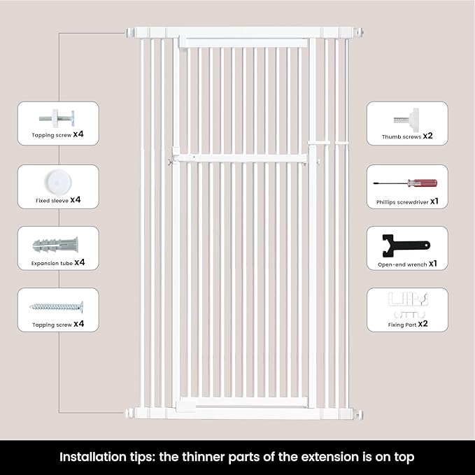 Gardner Pet 51"-87" Extra Tall Cat Gate for Doorway, Wide Adjustable 27.56"-37" Baby Gate Included 4 Extension Kits, Pressure Mounted Safety Full Door Gate for Stairs, Studio, Kitchen (White)