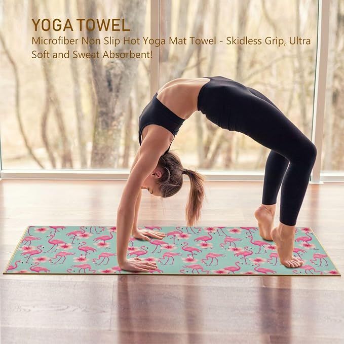 Flamingo Flower Yoga Mat Towel Non Slip Soft Sweat Absorbent Hot Yoga Mat Towel, for Hot Yoga, Pilates and Workout-73 x 27 Inch