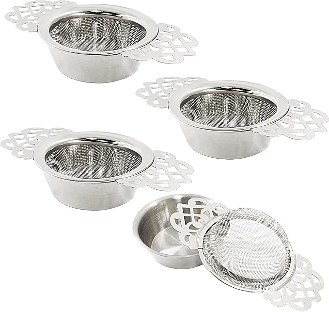 4 Pack Tea Strainers with Drip Bowls, Stainless Steel Tea Strainer Bowl Loose Leaf Tea Filter for 2.5-4 Inch Cup Mouth (Sliver)