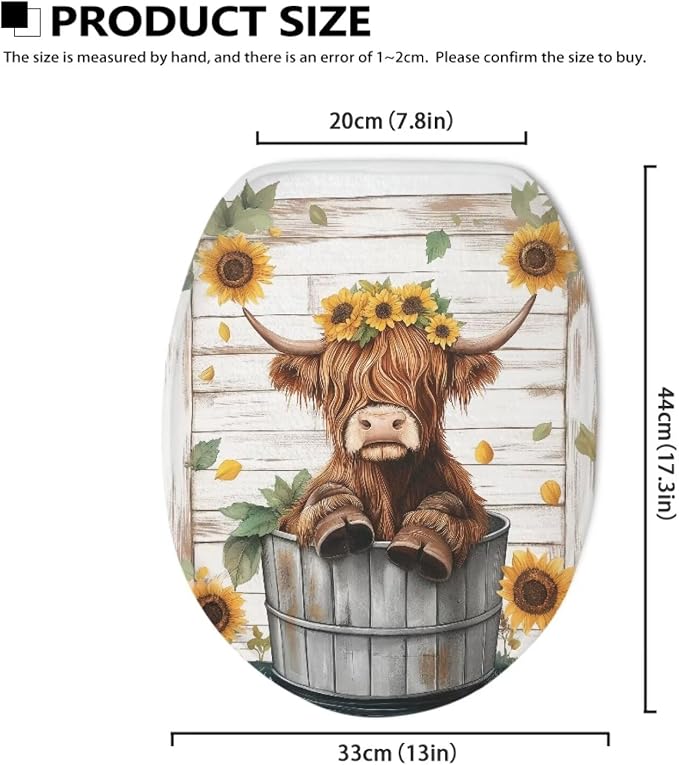 Highland Cow Toilet Lid Covers for Bathroom Elongated Sunflowers Flowers Round Toilet Lid Cover Universal Toilet Tank Cover Replacement with Elastic Band