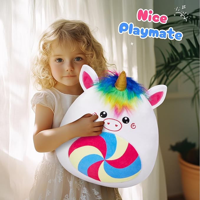 Athoinsu 12‑Inch Rainbow Unicorn Plush Pillow Soft & Cuddly Stuffed Animal for Kids Toddler Girls and Boys, Cute Rainbow Belly Plush Gift