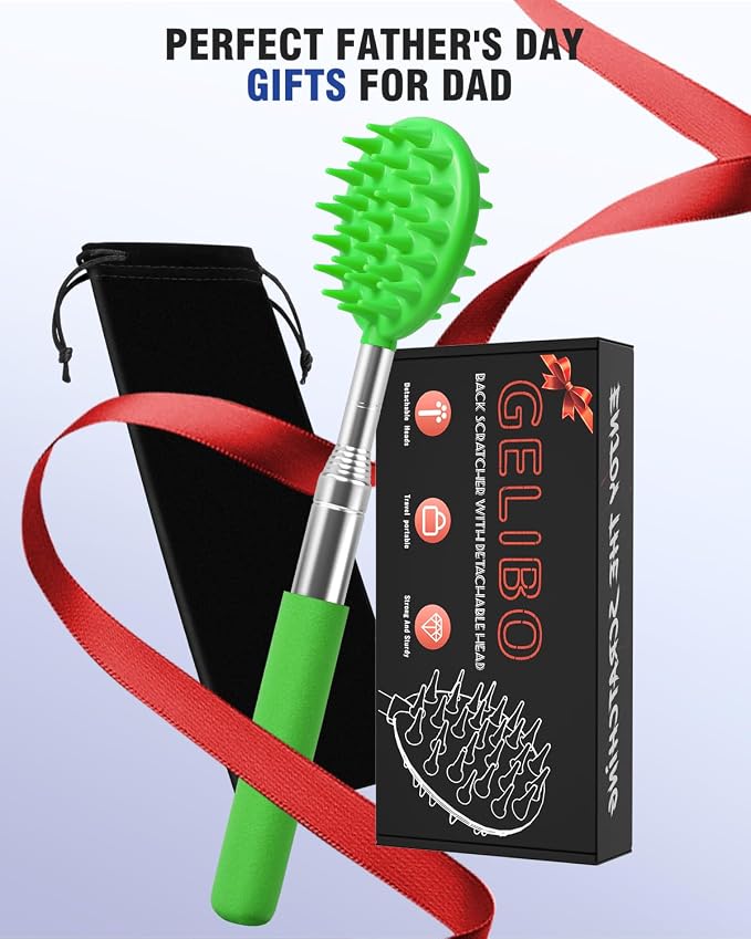 Gelibo Telescoping Back Scratcher with 5Pcs Detachable Heads, Extendable Back Massager Tool, Fathers Day Dad Gifts from Wife Daughter Son, Mens Gifts, Husband with Beautiful Box - Green