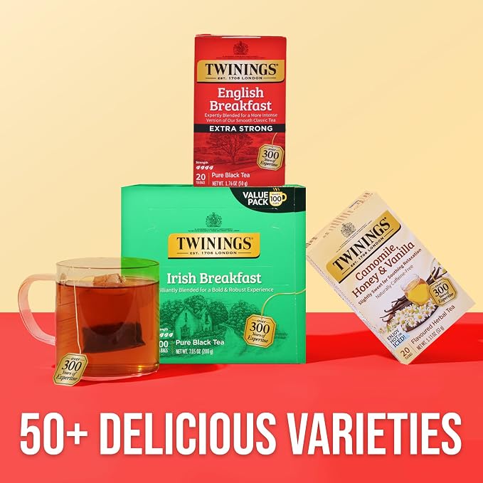 Twinings English Breakfast Extra Strong Black Tea Individually Wrapped Bags, 20 Count (Pack of 1), Robust, Caffeinated, Enjoy Hot or Iced, 20 Teabags