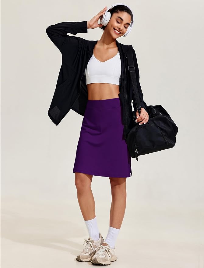 COOrun Women's 20" Knee Length Skirts High Waisted Golf Skorts with Pockets | Soft, Quick Dry, Split Hem, Built-in Shorts, A-line, Modest Skirts, for Golf Athletic Tennis Work Casual